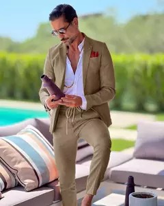 Terno de linho de peito único masculino, casaco casual, desgaste formal do trabalho, jaqueta, calças, slim fit, negócios, casamento, noivo, verão, 2 peças - loja online