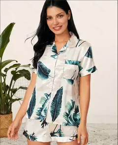 Conjunto de pijama de duas peças estampado leopardo feminino, shorts e top de manga curta, pijama cetim casual para casa, verão - loja online