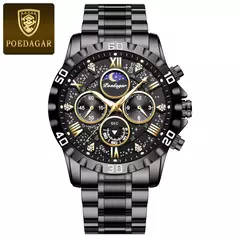 POEDAGAR-Relógio Quartz de Luxo Masculino, Impermeável, Luminoso, Aço Inoxidável, Cronógrafo, Relógio, Esportes, Homem