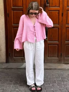 Camisas femininas com laço de linho e algodão com renda, blusa solta de manga longa com decote V profundo, blusa casual feminina, primavera e verão