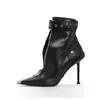 Bota de Zíper Frontal Feminina, Fivela de Cinto, Salto Alto Vermelho, Decoração de Metal Apontado, Botas Show Curto, Nova Moda, Outono, Inverno