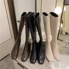 Botas de couro PU na altura do joelho com salto grosso para mulheres, botas longas quentes, sapatos femininos, zíper macio, moda inverno 2023 - comprar online