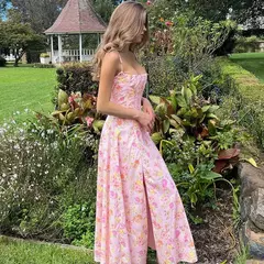 Vestido elegante com estampa floral vintage feminino, gola quadrada, sem mangas, fenda espartilho, vestidos de baile, roupas de verão, streetwear - loja online
