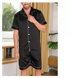 Conjunto de pijamas de manga curta masculino, camisa e shorts de botão, pijamas, bolsos, roupa de verão