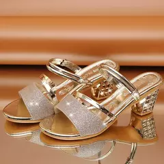 Sapatos femininos de salto médio quadrado de bloco baixo, salto alto sliver, sandálias femininas, nova moda, chinelos dourados, verão 2023 - loja online