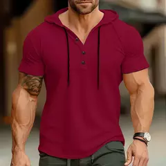 Esportes Fitness masculino com capuz camiseta de manga curta, blazer de verão, camisa americana Henry, comércio exterior - loja online