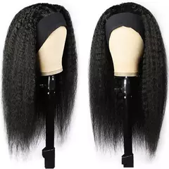 Imagem do Kinky reta bandana peruca de cabelo humano sem cola yaki bandana máquina de cabelo humano feito sem renda frente bandana peruca metade perucas