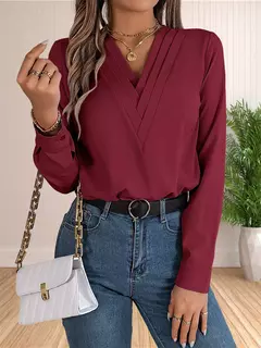 Vestido feminino de manga comprida em camadas com decote em v, tops de trabalho, roupa de escritório, blusa empresarial, 2024 na internet