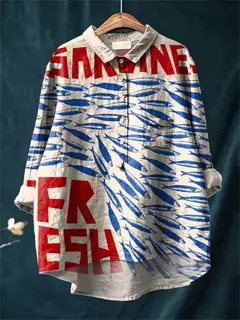 Imagem do Sardinha de peixe retrô casual feminina arte camisa de bolso manga longa, camisas estampadas estilo havaiano, tops com gola v, verão