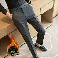 Calça de terno quente de pelúcia masculina, calça monocromática, cintura elástica, formal, negócios, fina, escritório, social, vestido, outono, inverno, 2023 - comprar online