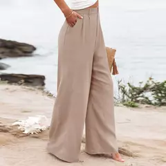Calça larga de linho de algodão feminina, comprimento total, casual, monocromática, solta, cintura alta, reto, botão, verão