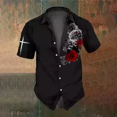 Imagem do Camisa retrô masculina com estampa caveira rosa, roupa de festa, manga curta, casual, na moda, extragrande, tamanho S-5XL, moda, verão