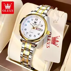 OLEVS-Relógio Quartzo de Luxo Feminino, Elegante, Aço Inoxidável, Luminoso, Impermeável, Data Semana, Vestido Feminino Relógio de Pulso