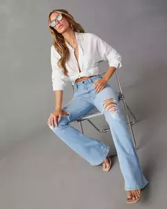 Calça jeans flare feminina, jeans de streetwear, ajuste solto, cintura alta, bolsos, buracos, comprimento do tornozelo, monocromático, mosca com zíper, primavera, 2021 - Wolf Magazine
