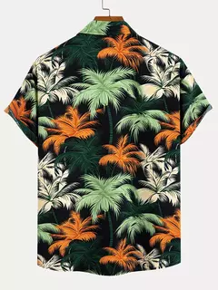 Camisa de lapela masculina de manga curta, estilo havaiano, padrão tropical de coqueiro, tops grandes, férias de verão - loja online