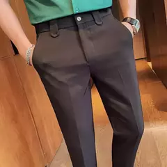 Imagem do Calça de cintura elástica cor sólida para homens, calça casual slim fit, vestido de festa social, roupas de negócios de alta qualidade