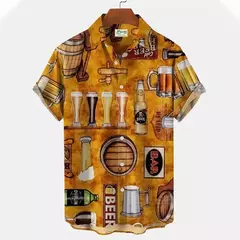 Camisa Retro de Cerveja Masculina Estampada 3D, Padrão para Beber Natal, Engraçado Street Top, Casual Manga Curta, Blusa de Botão, Roupas - loja online