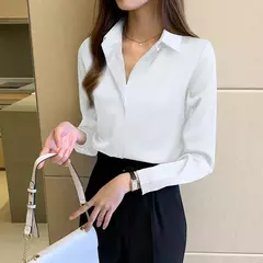 Blusa feminina de cetim de seda manga longa, camisa feminina, tops básicos, roupas femininas OL, moda feminina, 2023 na internet