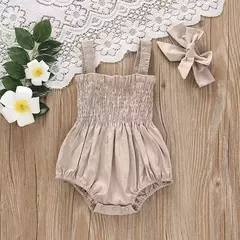 Roupas do bebê macacão de verão outfit cor sólida ruched criança menina casual sem mangas suspensórios crianças conjunto bandana - Wolf Magazine
