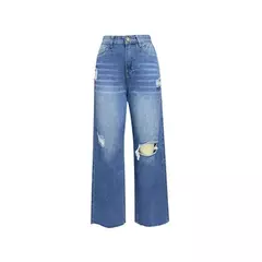 Joelho feminino quebrado buracos jeans reto, calça jeans de cintura alta, feminina solta de perna larga, confortável, moda casual, tendência - loja online