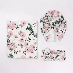 Imagem do Recém-nascido Swaddle Wrap, Recebendo Cobertor para Recém-nascidos, Acessórios Bebês, Soft Floral Headband, Chapéu, Itens de cama, 3 Pcs por Conjunto