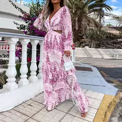 Primavera novo vestido longo moda impressão sexy profundo decote em v vestido de manga comprida feminino elegante oco para fora plissado emendado maxi vestido na internet