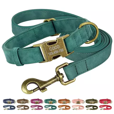Coleira e coleira para cães personalizados, conjunto de coleira de couro pu com corda de chumbo, fivela de identificação gravada personalizada para cães pequenos e grandes