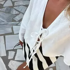 Camisas casuais de linho com renda para mulheres, oco, gola V, blusas de manga comprida, tops para senhora, streetwear, novo, primavera, 2022