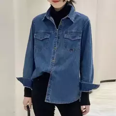 Camisa jeans azul retrô feminina, camisa de manga comprida, jaqueta jeans de peito único, camisas monocromáticas, novo design, outono, 2024 na internet