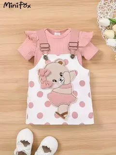 MiniFox-Vestido de urso rosa Romper e Dots para bebês, vestido suspensor para recém-nascidos, vestidos de urso dançante, fofos