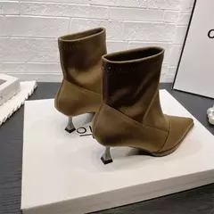 Elegante bota feminina de salto alto fino, dedo apontado de cetim, botins glamorosos elásticos, elegância curta, nova na internet