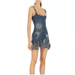 Mini vestido de cinta de espaguete feminino, vestido sexy sem costas, vestidos de fenda apertada sem mangas, senhoras banquete clubwear, estampa moda