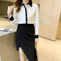 H Han Queen-blusa feminina de escritório com fivela de pérola, camisa manga comprida, tops casuais soltos, cor de contraste, feminino, outono - comprar online