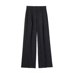 Imagem do TRAF-Calça formal feminina, calça casual de perna larga, listrada, cinza, preta, cintura alta, terno largo, roupa de escritório
