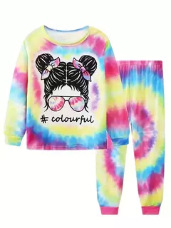 Unicórnio cartoon pijama para meninas, manga longa, duas peças set