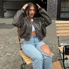 Jaqueta de couro PU feminina, casaco PU, mangas compridas, jaqueta solta, couro gradiente, gola redonda, zíper, locomotiva, curta, lavada na internet