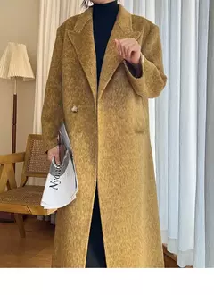 Imagem do Casaco de alpaca de lã feminino, jaquetas de lã, trespassado duplo, gola de terno, solto, Casacos longos, senhora do escritório, outono, inverno, 2022