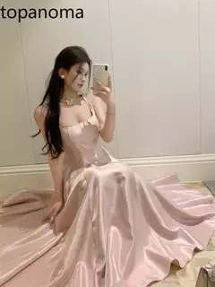 Topanoma-vestido de noite gola quadrada para as mulheres, sem mangas, elegante, doce, para o banquete, casamento, damas de honra