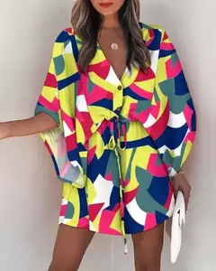 Mini vestido solto com cordão feminino, manga de batwing, botão sexy, gola V, cobertura de festa, estampa moda praia, verão - Wolf Magazine