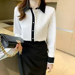 H Han Queen-blusa feminina de escritório com fivela de pérola, camisa manga comprida, tops casuais soltos, cor de contraste, feminino, outono - loja online