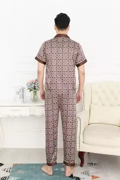 Conjunto de pijama de seda fino masculino, manga comprida e calça curta, pijama, calça para dormir