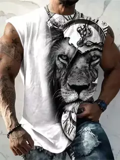 Camisola de alças estampada 3D leão tigre masculina, poliéster, versátil, casual, dominante na rua, gola redonda, sem mangas, primavera, verão, novo na internet