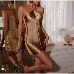Borla feminina Shinny volta fenda Halter vestido de noite, vestidos longos sem mangas, sexy fora do ombro, vestido de festa chique feminino, moda