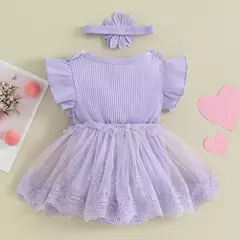 Imagem do Recém-nascido Lace Patchwork Ruffle Macacões, Macacão Vestido, Mesh Baby Girl Roupas, Sunsuit Roupas, 2Pc Roupas