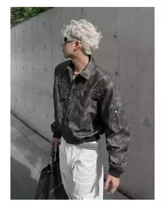 Imagem do Jaqueta de couro PU recortada masculina, colarinho virado para baixo na moda, cor gradiente, casaco retrô com zíper, outwear de motocicleta masculina, primavera
