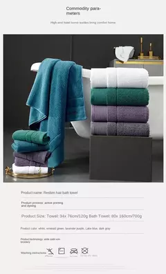 Imagem do Conjunto de toalha de algodão egípcio para adultos, toalha de banho absorvente, cor sólida, bordado, toalha de rosto macio, espessado, 100%