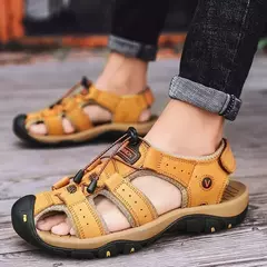 Sapatos masculinos casuais de couro genuíno, sandálias masculinas ao ar livre, sapatos romanos de praia, plus size 38-48, verão