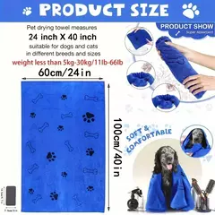Toalha para animais de estimação 60x100cm, toalha de banho para cães e gatos, microfibra, secagem rápida, absorvente, azul, cinza, produtos de banho para animais de estimação