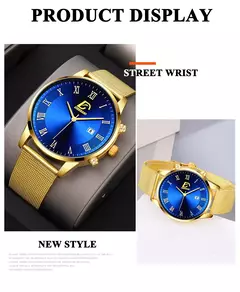 Homens de aço inoxidável malha cinto relógio de quartzo, calendário relógios, colar masculino, relógio de pulso, ouro, luxo, negócios, moda, 2pcs set - Wolf Magazine