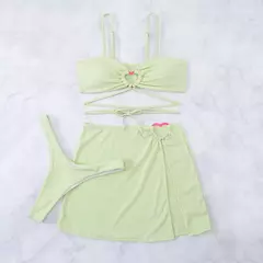 Conjunto de biquíni monocromático de 3 peças feminino, maiô com saronga, capa, saia de praia, maiô, vestido de praia - comprar online